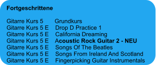 Fortgeschrittene  Gitarre Kurs 5       Grundkurs Gitarre Kurs 5 E    Drop D Practice 1 Gitarre Kurs 5 E    California Dreaming Gitarre Kurs 5 E    Acoustic Rock Guitar 2 - NEU Gitarre Kurs 5 E    Songs Of The Beatles Gitarre Kurs 5 E    Songs From Ireland And Scotland Gitarre Kurs 5 E    Fingerpicking Guitar Instrumentals